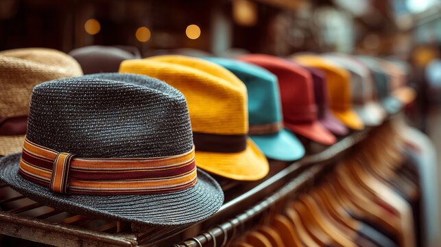 A row of colorful fedora hats displayed on a rack with blurred clothing hangers in the background.