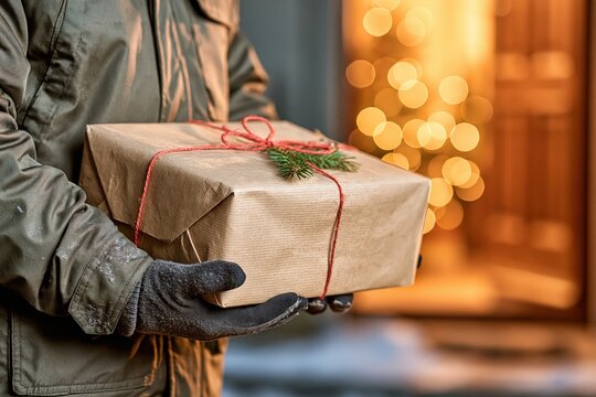 Delivery courier holding Christmas present box with festive bokeh lights