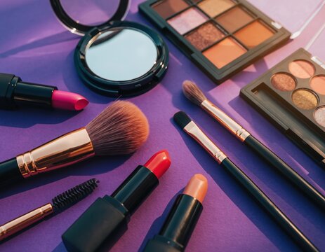 Set of professional makeup brushes and colorful lipsticks with eyeshadow palettes on a vibrant purple background