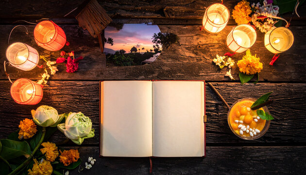 Vintage Open Blank Journal Decorated With Thai Songkran Festival Lanterns And Flowers on Dark Wood
