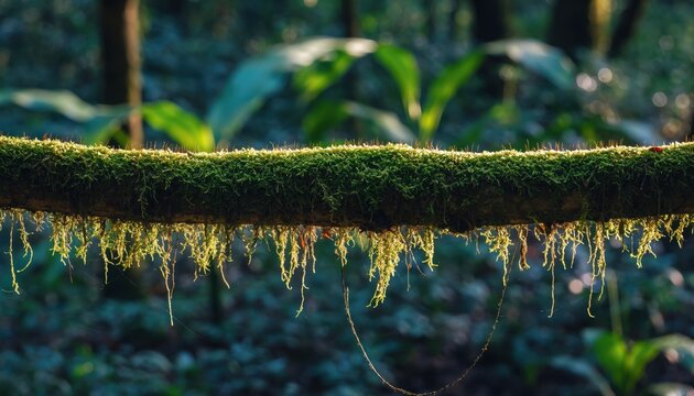 Mossy branch covered in lush green moss hanging in a sunlit forest