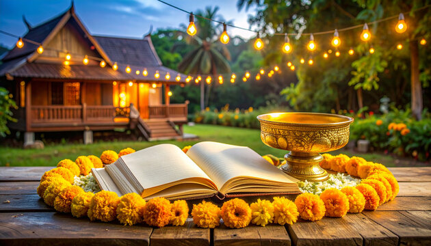 Vintage Open Blank Journal With Thai Songkran Festival Decorations And Traditional House