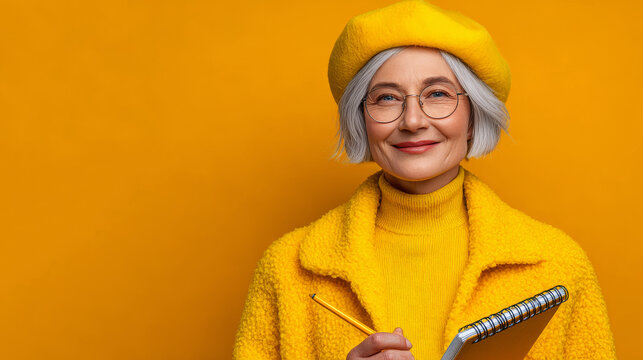 A smiling senior woman with grey hair wearing a yellow beret, coat, and glasses holds a notebook and pencil against a bright yellow studio background.   