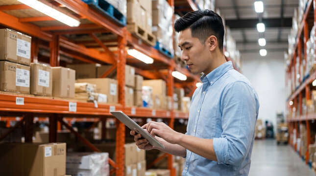 Asian warehouse manager checking stock inventory on digital tablet in logistics distribution center