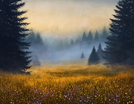 A serene landscape painting of a golden wildflower meadow at sunrise with misty pine trees in the background