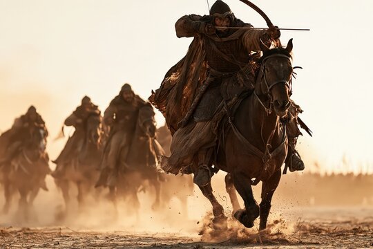 Mongol horse archers riding in battle charge with dramatic golden light