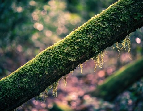 Closeup of a mosscovered tree branch in a lush, sunlit forest with a soft, blurred background