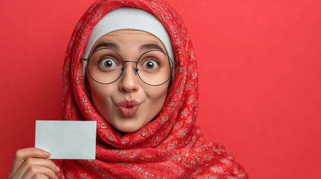 A surprised Muslim woman in a red patterned hijab and round glasses holds a blank card against a vibrant red backdrop.   