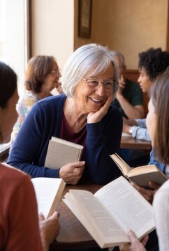 Diverse group of people enjoying reading and learning during a book club meeting