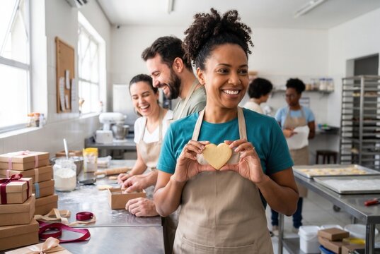 Bakery team preparing and packing cookies in a commercial kitchen