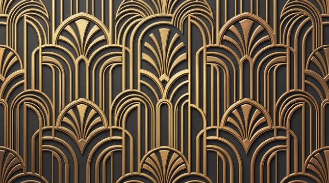 Gold Art Deco fan pattern on dark background with elegant geometric design