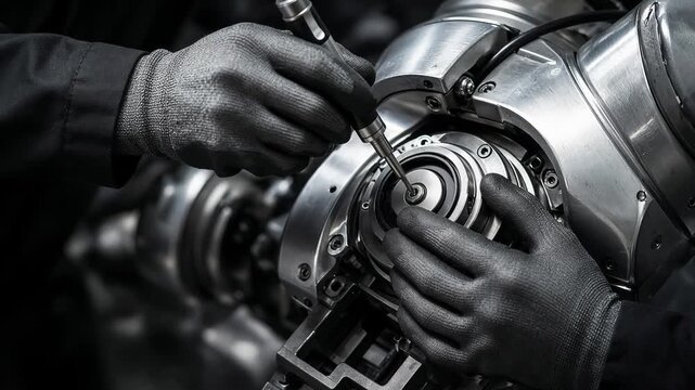 Mechanic in gloves assembling precision machinery with screwdriver, industrial workshop environment