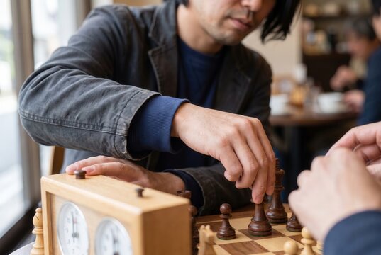 Man moving a chess piece during an intense game with a chess clock