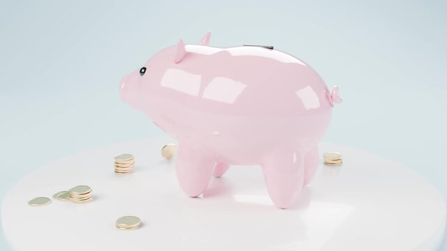 Pink piggy bank with gold coins rotating on a white turntable