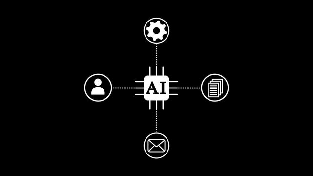 Artificial intelligence infographic with central AI node connected to icons of brain chip,