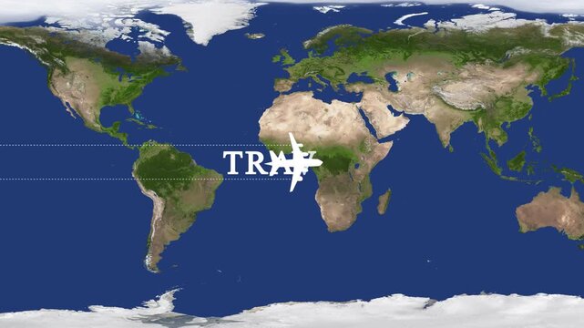 Airplane animation against the background of globe. 2D animation. Moving world background. Cartoon aircraft. Loop footage 4k