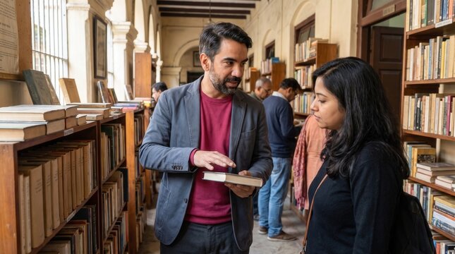 Man pointing to a book while discussing it with a woman