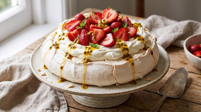 delicate Pavlova meringue cake, topped with fresh strawberries, whipped cream, and passion fruit sauce, presented on a rustic table in natural light. dessert is popular in New Zealand and Australia.