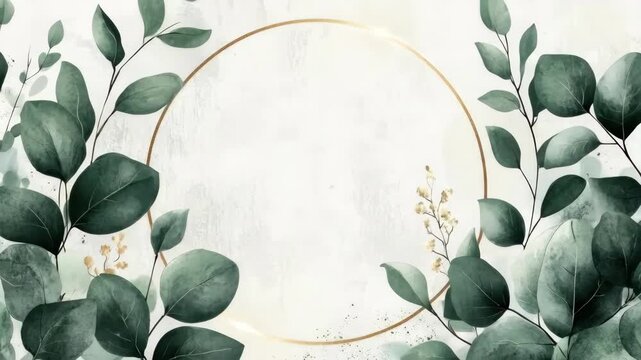 Elegant botanical frame with golden circular border and lush greenery