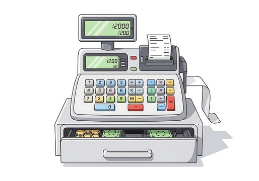 Illustration of an old-fashioned cash register with coins and bills