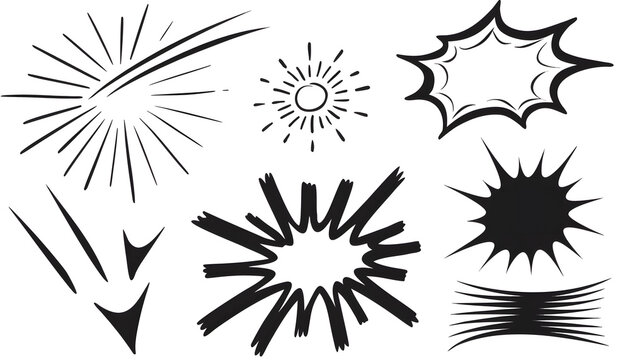 Hand-drawn comic book explosion bursts, speed lines, sunbursts, and dynamic action elements vector se