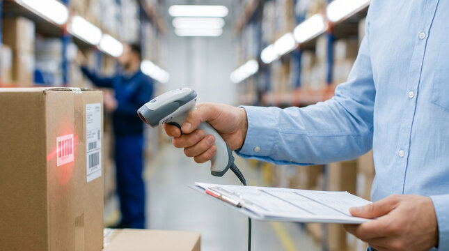 Warehouse worker scanning barcode on cardboard box with handheld scanner in logistics center