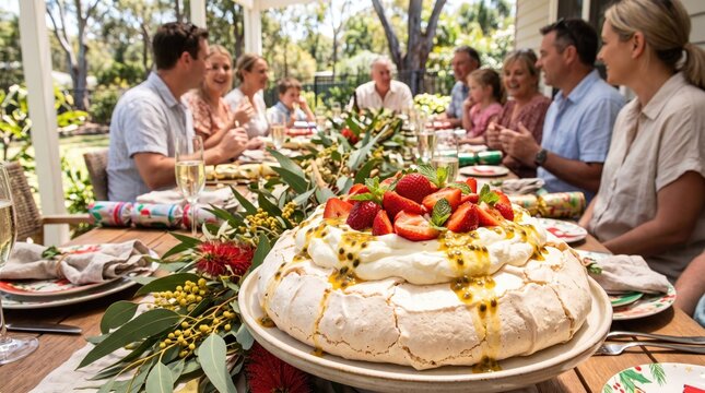 A festive feast featuring the popular Pavlova meringue cake, tradition in Australia and New Zealand, topped with fresh strawberries, whipped cream, and a passion fruit sauce.