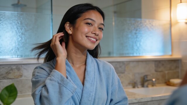 Smiling woman wearing light blue bathrobe tucking hair behind ear at bathroom vanity, with mirror