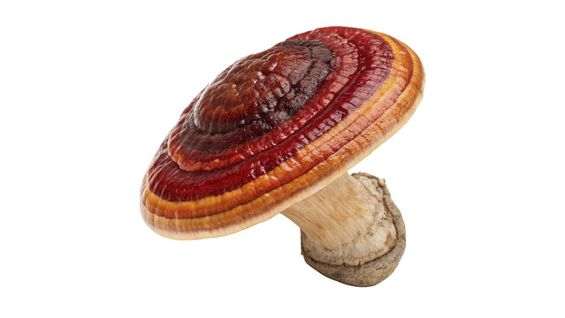 Wild reishi mushroom ganoderma lucidum herbal medicine traditional oriental biology specimen, isolated on transparent background.