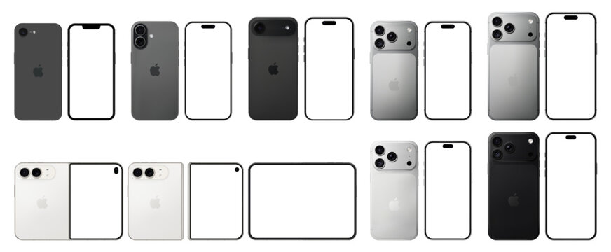 Apple iPhone 2025-2026 full lineup mockup in real dimensions: 17e, 17, Air, 17 Pro,17 Pro Max, 18 Pro, 18 ProMax, Duo. Front and rear view isolated. Vector editorial png
