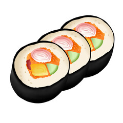Three sliced Japanese maki sushi rolls vector illustration isolated on transparent background. Traditional Asian food assortment icon. © Ratu