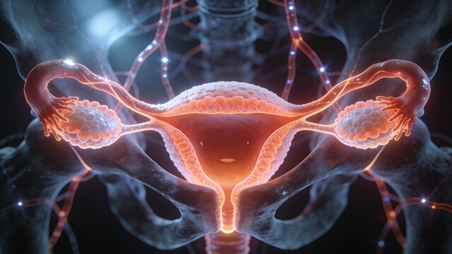 Showing 3D pelvic rendering in zoomed view, uterus, fallopian tubes with fimbriae, ovaries