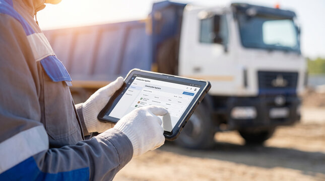 Construction worker uses a tablet for efficient site management and vehicle logistics, with a dump truck nearby