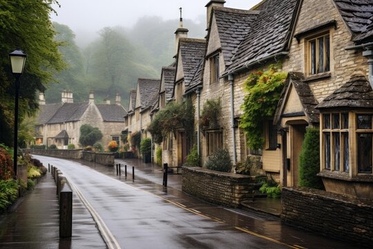 Traditional cotswold stone cottages lining a wet village street on a misty and rainy day