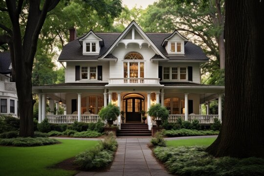 Classic american home featuring a welcoming porch and well maintained garden landscaping
