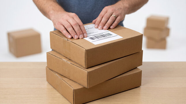 Man applying shipping label on stacked cardboard boxes for mail delivery and e-commerce business