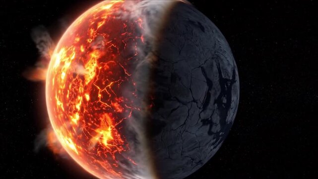 潮汐固定された溶岩の系外惑星が宇宙空間で自転せず輝くCGループ