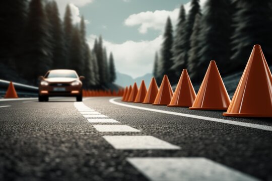 Car navigating a winding road lined with orange traffic cones, indicating construction or a detour