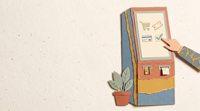 Paper cut collage illustration of a self-service kiosk terminal with a hand touching the screen, torn paper and stitched fabric details, copy space. Self-service payment concept.