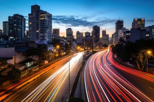 Urban skyline with illuminated buildings at twilight, showing motion light trails from passing vehicles