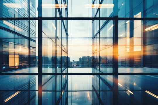 Glass facades of contemporary corporate buildings reflecting a vibrant urban cityscape at sunset