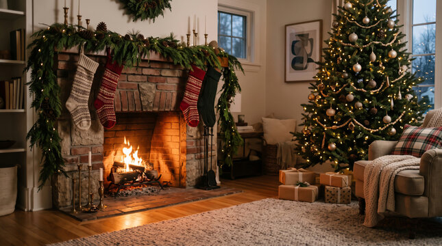 暖炉の炎が温かく灯る部屋で、美しく飾られたクリスマスツリーと靴下やプレゼントが並ぶ居心地の良いクリスマスのリビングルームのインテリア   