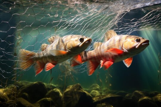 Two fish caught in a net, depicting overfishing and ocean conservation