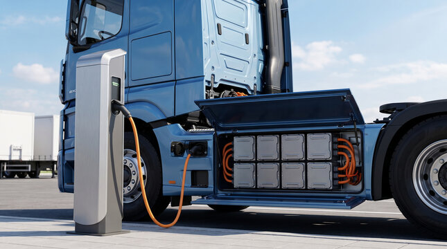 Blue electric semi truck charging at a station with battery packs visible for sustainable freight transport