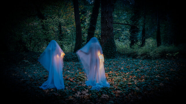 Two glowing ghost figures in dark forest at night