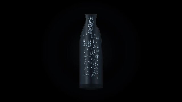 Black bottle with water drops on dark background