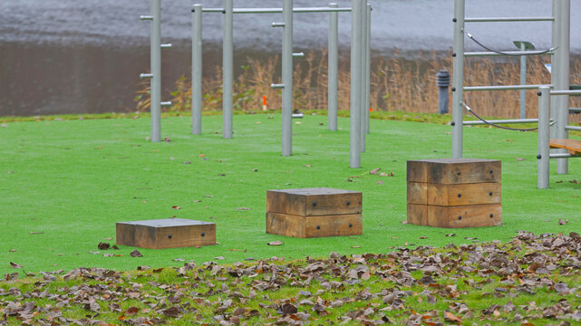 Three Wooden Boxes at Outdoor Gym Open Recreation Area in Stromstad Sweden Autumn Day