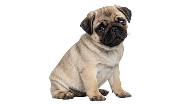 Cute purebred pug puppy dog sitting and looking forward pet, isolated on transparent background.