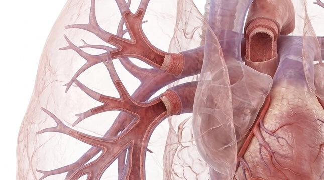 Anatomical view of human lungs and pulmonary vessels in a transparent 3D render with respiratory system
