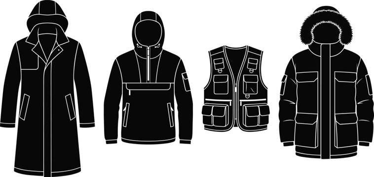 Men's winter outerwear jacket parka and utility vest black silhouette vector icon set